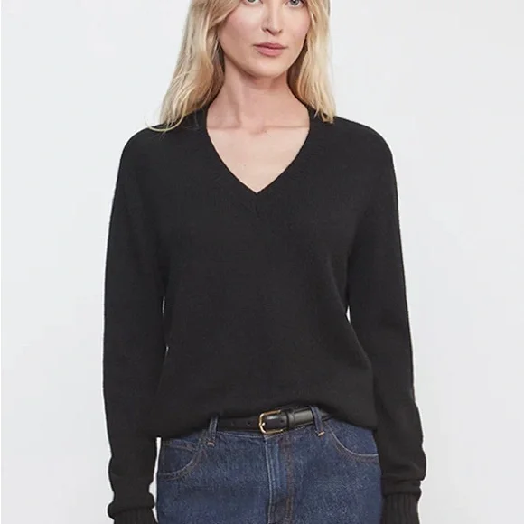 Enza Costa Black 100% Cashmere V-Neck Sweater Size Large Winter‎ - Picture 3 of 8